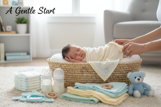 New parents caring for baby with essential baby care items including bottles, diapers, and soft blankets in soft baby blue tones