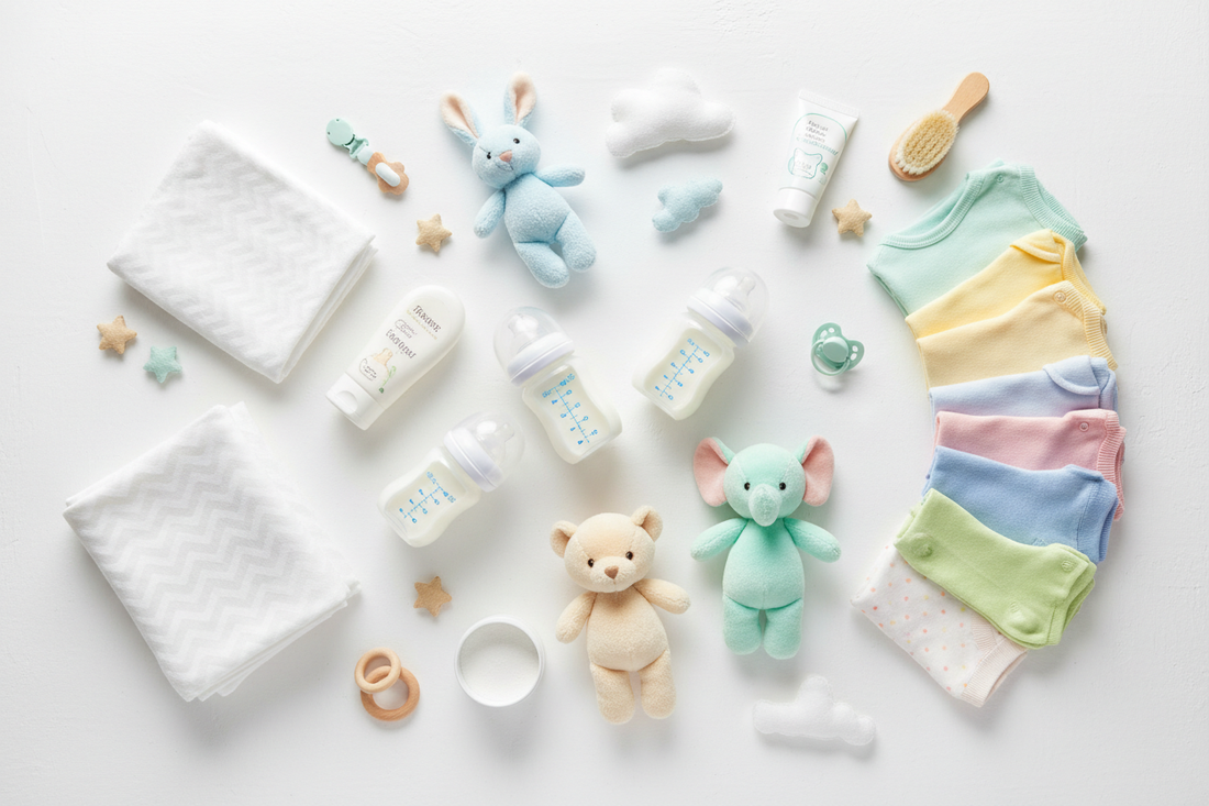 Collection of essential baby products and items for new parents shopping guide