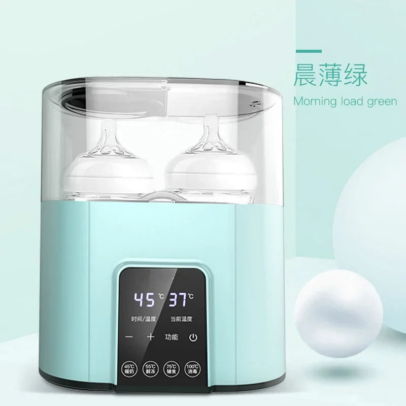 Baby bottle warmer with digital display on a light blue background